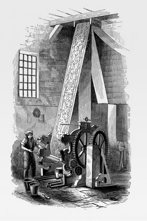Печатная машина Ливси по патенту Томаса Белла. 1785 г. Гравюра