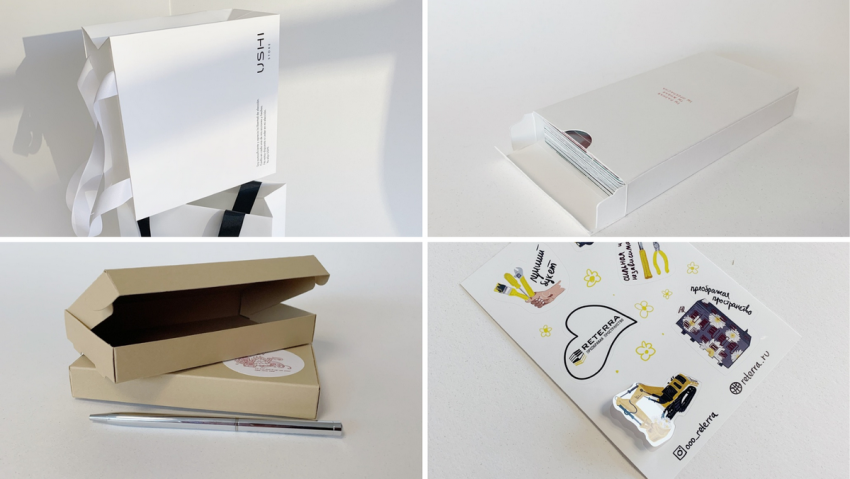 Пакеты, коробки и стикеры, сделанные на Intec FB750 в типографии «Культура печати»