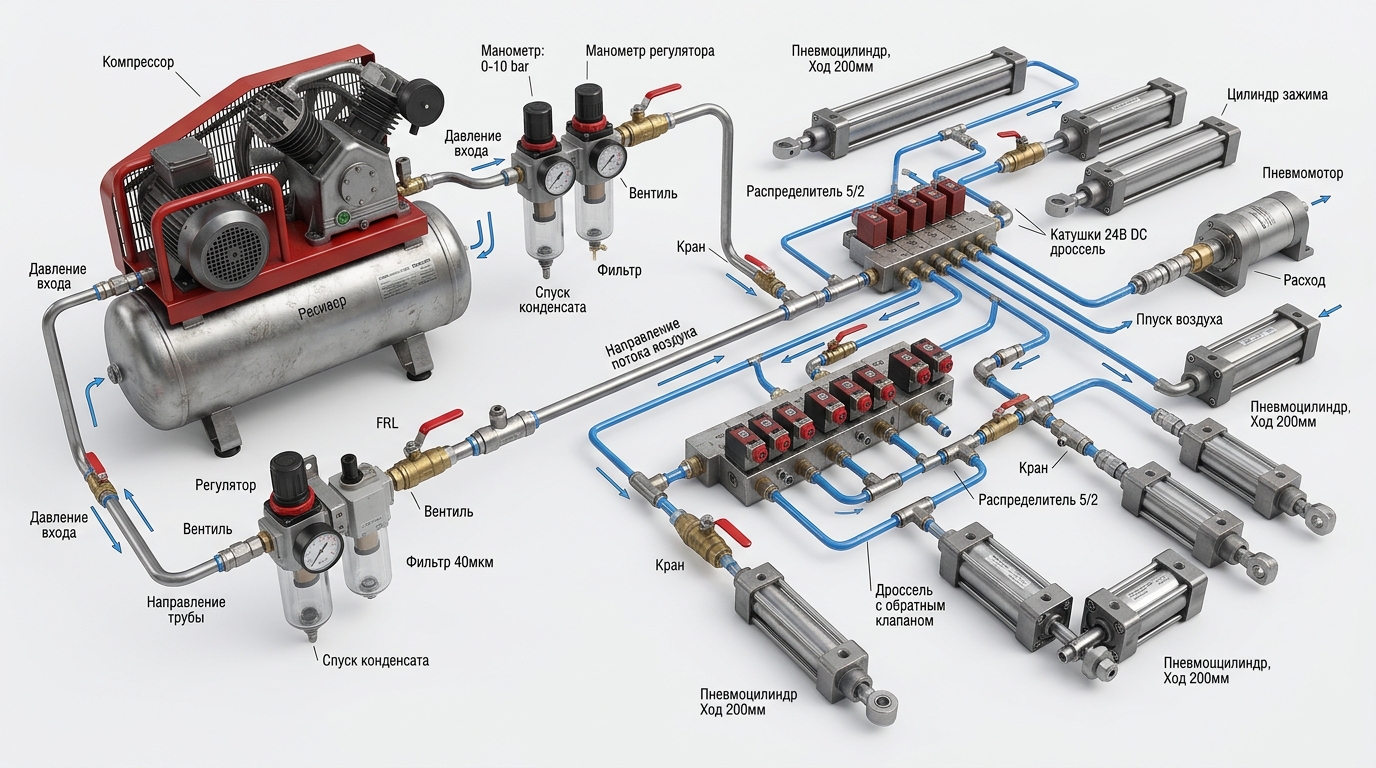 Схема типичной пневмосистемы с регулятором давления воздуха, компрессором и исполнительными механизмами