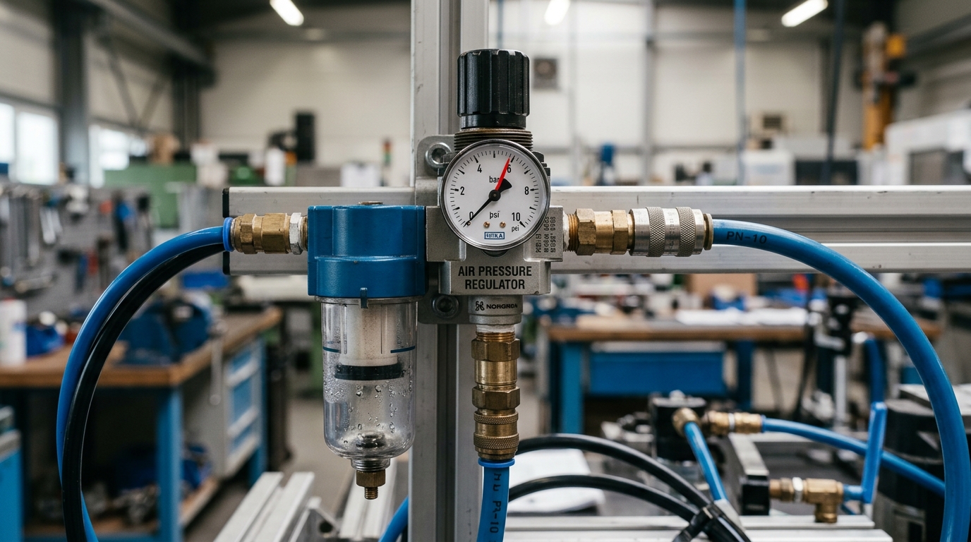 Регулятор давления воздуха с манометром и фильтром в промышленной пневмосистеме