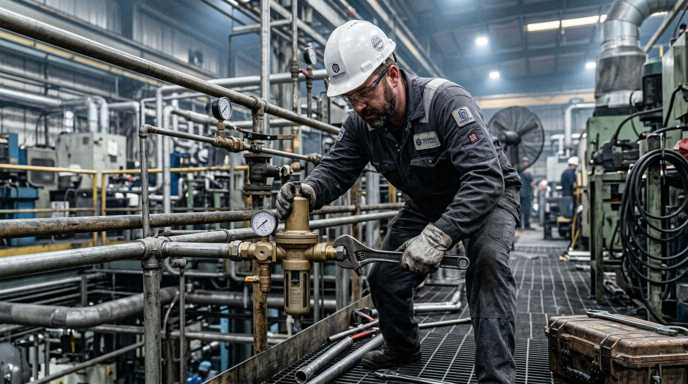 Инженер устанавливает регулятор давления с осушителем и сливом конденсата в промышленных условиях