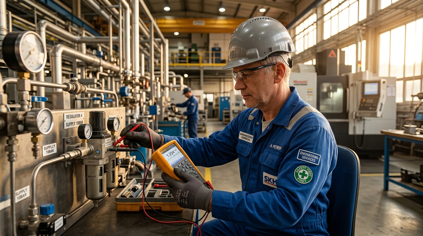 Инженер проводит диагностику регулятора давления воздуха с помощью тестера на производстве