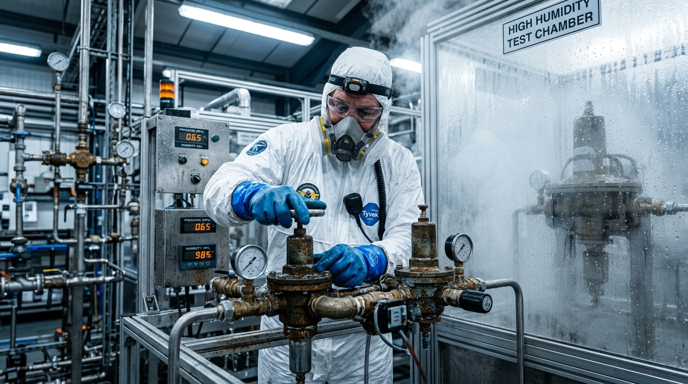 Инженер тестирует регуляторы давления на коррозию в условиях высокой влажности на заводе